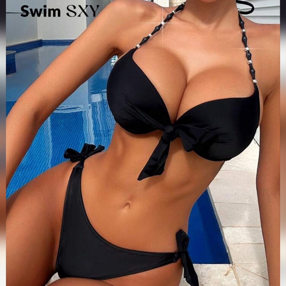 Sexy SHEIN Black Push-up Halter Bikini with Tie-Side Bottoms - Sz Medium